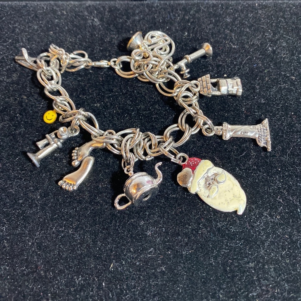 Vintage Style Silver Double Link Charm Bracelet With 10 Charms Lobster Clasp 8”